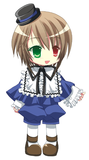 1girl black_headwear black_ribbon blue_capelet blue_shorts blush brown_footwear brown_hair capelet chibi collared_shirt commentary_request frilled_shirt frilled_shirt_collar frilled_sleeves frills full_body green_eyes hat heterochromia lolita_fashion long_sleeves looking_afar looking_to_the_side medium_bangs morinaga_hinase neck_ribbon open_mouth pantyhose red_eyes ribbon rozen_maiden shirt shoes short_hair shorts simple_background smile solo souseiseki standing top_hat white_background white_pantyhose white_shirt