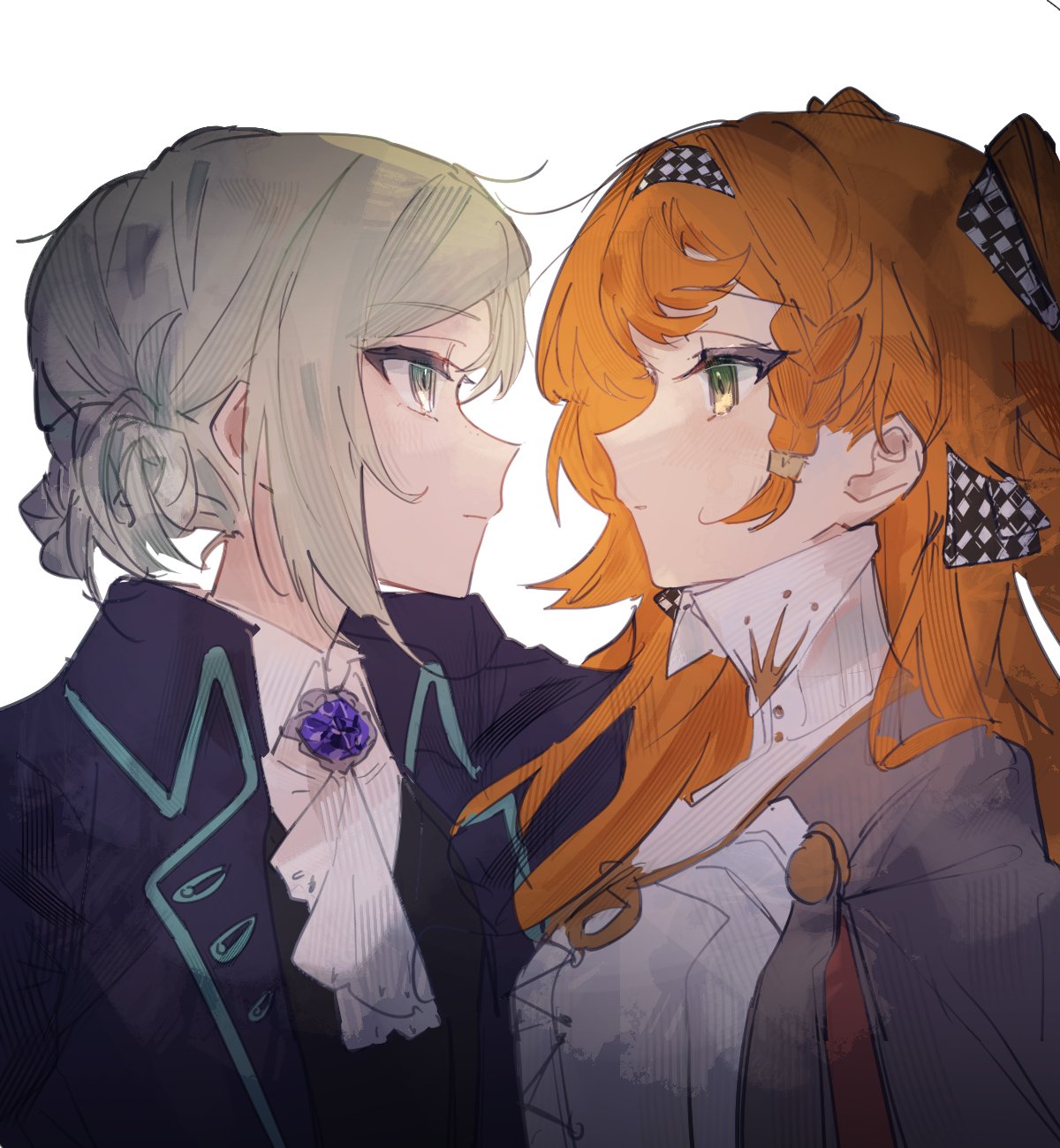 2girls ascot black_coat black_vest braid checkered_hairband closed_mouth coat collared_coat collared_shirt commentary dress expressionless eye_contact freckles grey_hair hair_bun high_collar highres kaeshi_(yuukaeshi) long_hair looking_at_another multiple_girls orange_hair profile purple_brooch reverse:1999 shirt side_braid simple_background single_side_bun sonetto_(reverse:1999) symbol-only_commentary two_side_up vertin_(reverse:1999) vest white_ascot white_background white_dress white_shirt yuri