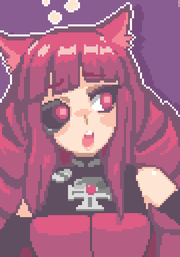 1girl animal_ears artificial_eye bare_shoulders blunt_bangs drill_hair hcnone open_mouth pixel_art purple_background quad_drills red_eyes redhead sidelocks solo stella_hoshii surprised teeth upper_body upper_teeth_only va-11_hall-a