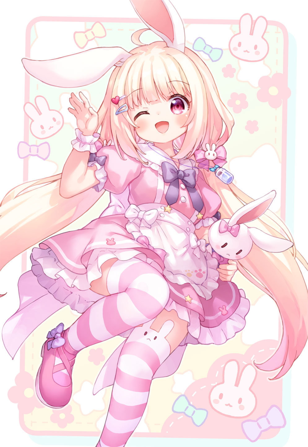 1girl :d animal_ears apron blonde_hair blue_bow blue_bowtie blush bow bowtie breasts commentary_request commission dress eruko_(vtuber) foot_out_of_frame frilled_apron frilled_dress frills hair_ornament hairclip hand_up highres holding holding_stuffed_toy indie_virtual_youtuber kito_(sorahate) long_hair low_twintails one_eye_closed open_mouth pink_dress pink_footwear pink_thighhighs puffy_short_sleeves puffy_sleeves rabbit_ears red_eyes shoes short_sleeves skeb_commission small_breasts smile solo striped_clothes striped_thighhighs stuffed_animal stuffed_rabbit stuffed_toy thigh-highs twintails very_long_hair waist_apron wrist_cuffs