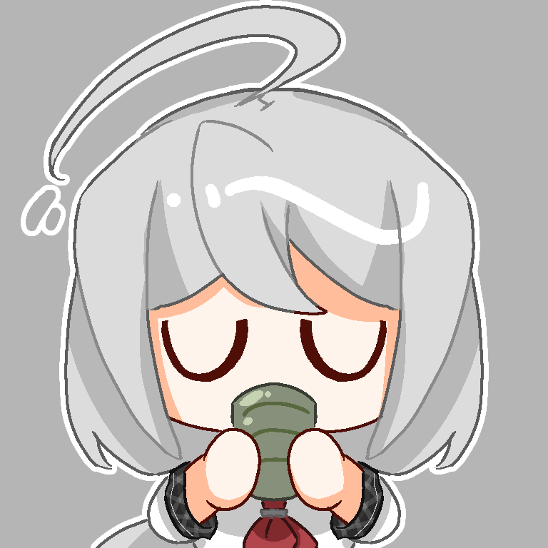 1girl ahoge chibi chinese_commentary closed_eyes commentary_request cup drinking grey_background grey_hair holding holding_cup long_hair neckerchief outline plaid priswocaer red_neckerchief shirt simple_background solo sora_(super_danganronpa_another_2) super_danganronpa_another_2 white_outline white_shirt yunomi