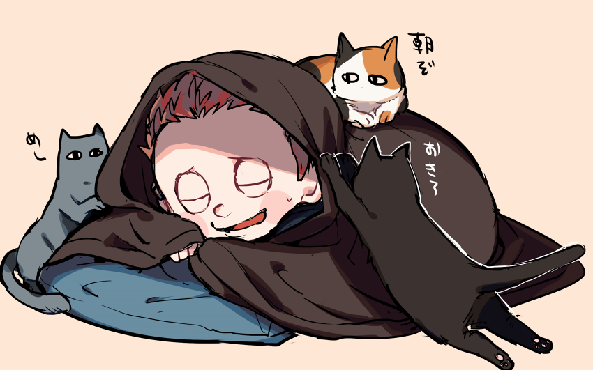 1boy animal animal_on_back black_cat blanket blush_stickers brown_hair calico cat clenched_hand closed_eyes commentary_request danganronpa_(series) danganronpa_v3:_killing_harmony full_body grey_cat hoshi_ryoma kogarashi_8 lying male_focus no_headwear on_stomach open_mouth partial_commentary pillow short_hair simple_background smile solo sweatdrop under_covers very_short_hair yellow_background