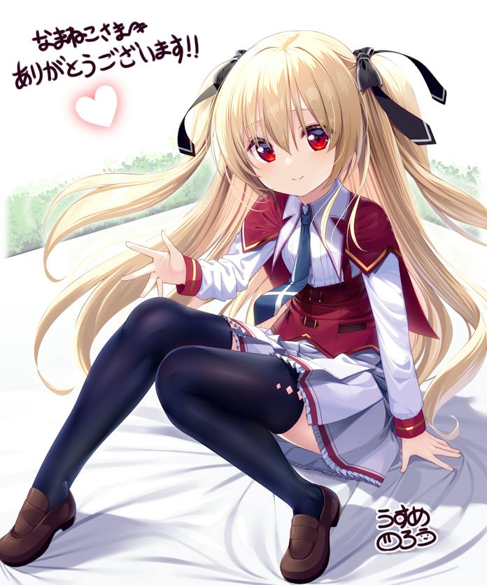 1girl arm_at_side arm_support bed_sheet black_ribbon black_thighhighs blonde_hair blue_necktie brown_footwear closed_mouth commentary_request commission corset cosplay eyes_visible_through_hair floating_hair frilled_skirt frills full_body hair_between_eyes hair_ribbon hand_up heart irotoridori_no_sekai knees_together_feet_apart knees_up light_blush loafers long_hair long_sleeves looking_at_viewer necktie nikaidou_shinku pleated_skirt primal_hearts red_corset red_eyes ribbon school_uniform shirt shoes signature simple_background sitting skeb_commission skirt smile solo split_mouth straight_hair tenjindaira_haruhi tenjindaira_haruhi_(cosplay) thigh-highs two_side_up usume_shirou very_long_hair waving white_background white_shirt white_skirt