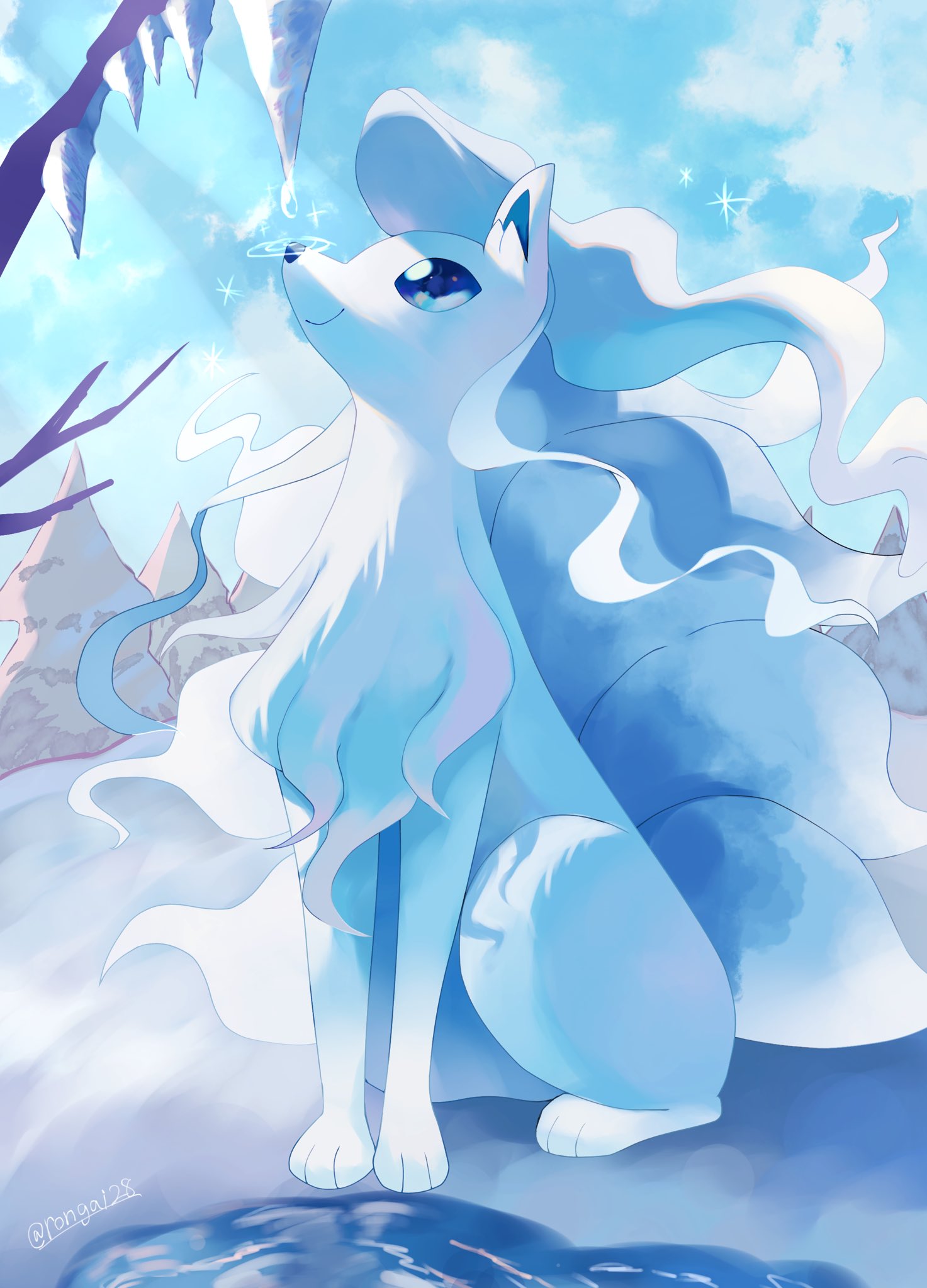 alolan_ninetales animal_focus artist_name blue_eyes blue_sky closed_mouth clouds commentary_request highres multiple_tails no_humans pokemon pokemon_(creature) rongai28 sitting sky smile snout snow sparkle tail tree twitter_username water