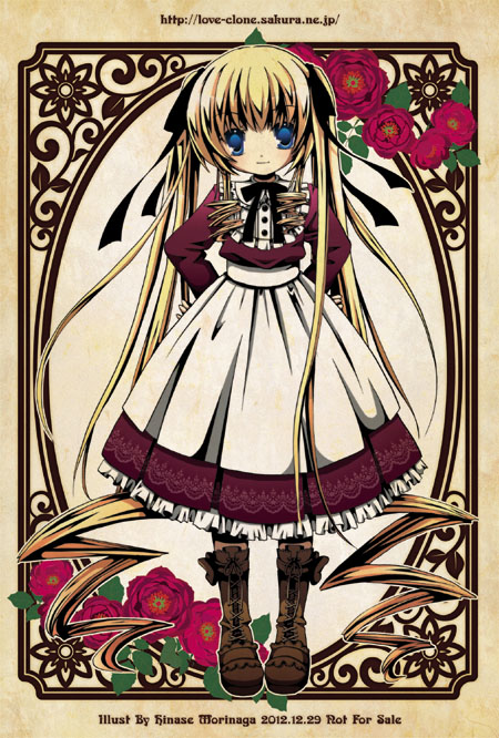 1girl alternate_costume apron artist_name black_bow black_bowtie blonde_hair blue_eyes boots bow bowtie brown_footwear buttons closed_mouth commentary_request dress drill_hair drill_sidelocks flat_chest flower full_body hair_bow long_hair looking_at_viewer medium_bangs morinaga_hinase quad_drills red_dress red_flower red_rose rose rozen_maiden shinku sidelocks smile solo standing twintails very_long_hair waist_apron web_address white_apron yellow_background