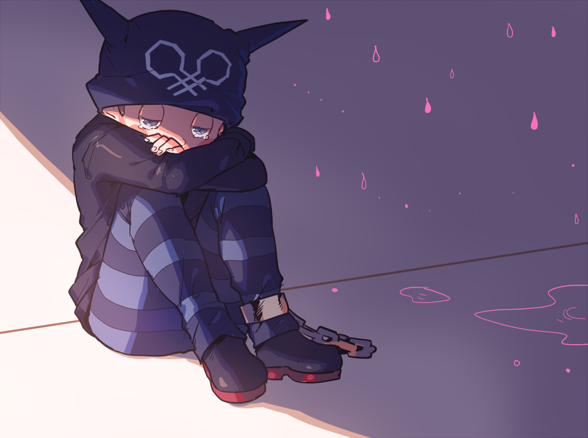 1boy animal_ear_headwear animal_ears arms_on_knees beanie black_footwear black_headwear black_jacket black_pants black_sleeves blood blue_pants blush_stickers boots brown_hair cat_ears chain covered_mouth crossed_arms cuffs curled_up danganronpa_(series) danganronpa_v3:_killing_harmony fake_animal_ears fingernails full_body grey_background grey_eyes half-closed_eyes hat hoshi_ryoma jacket knees_up kogarashi_8 leather leather_jacket long_sleeves male_focus mixed-language_commentary pants pink_blood prison_clothes puddle rain raining_blood shackles short_hair simple_background solo striped_clothes striped_pants tearing_up two-tone_background two-tone_pants very_short_hair white_background