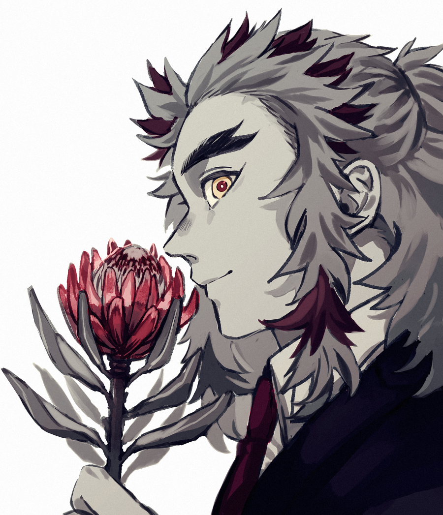 1boy closed_mouth collared_shirt colored_tips flower forked_eyebrows from_side half_updo hand_up holding holding_flower imai jacket kimetsu_no_yaiba long_sleeves male_focus medium_hair monochrome multicolored_hair necktie portrait profile red_flower red_necktie redhead rengoku_kyoujurou shirt sidelocks simple_background smile solo spot_color streaked_hair suit yellow_eyes