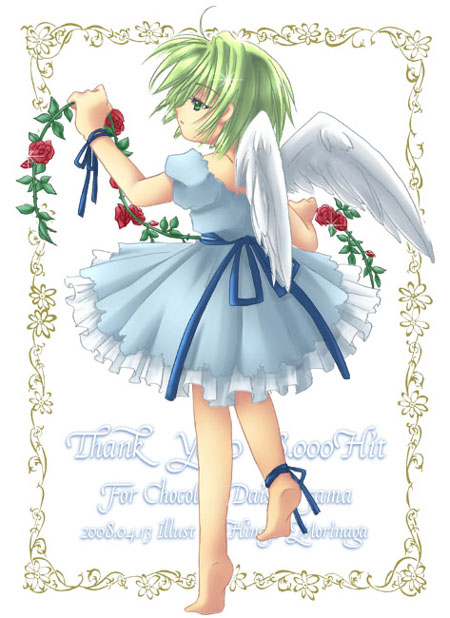 1girl angel ankle_ribbon artist_name barefoot blue_dress blue_ribbon closed_mouth commentary_request dated dated_commentary dejiko di_gi_charat dress expressionless feathered_wings flower frilled_dress frills from_behind full_body green_eyes green_hair holding holding_flower leg_ribbon morinaga_hinase plant red_flower red_rose ribbon rose short_hair short_sleeves solo thank_you vines white_background white_wings wings