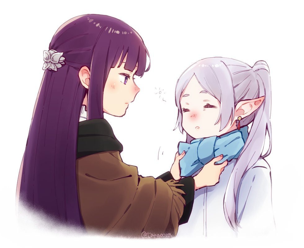 2girls adjusting_another's_clothes blue_scarf blush brown_coat butterfly_hair_ornament closed_eyes closed_mouth coat commentary_request cropped_torso earrings elf expressions fern_(sousou_no_frieren) frieren hair_ornament jewelry long_hair long_sleeves multiple_girls nose_blush parted_bangs pointy_ears purple_hair scarf sidelocks simple_background sleepy sousou_no_frieren straight_hair taka0028 twintails twitter_username upper_body violet_eyes watermark white_background white_hair winter_clothes