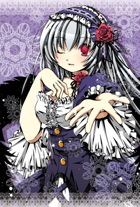 1girl black_ribbon black_wings blush breasts buttons center_frills comiket_80 commentary_request cowboy_shot feathered_wings flower frilled_hairband frilled_shirt frilled_sleeves frills gothic_lolita grey_hair hair_ribbon hairband high-waist_skirt lolita_fashion lolita_hairband long_hair looking_at_viewer medium_bangs medium_breasts morinaga_hinase neck_ribbon open_mouth purple_background purple_hairband purple_skirt reaching reaching_towards_viewer red_eyes red_flower red_rose ribbon rose rozen_maiden shirt skirt smile solo suigintou white_shirt wide_sleeves wings