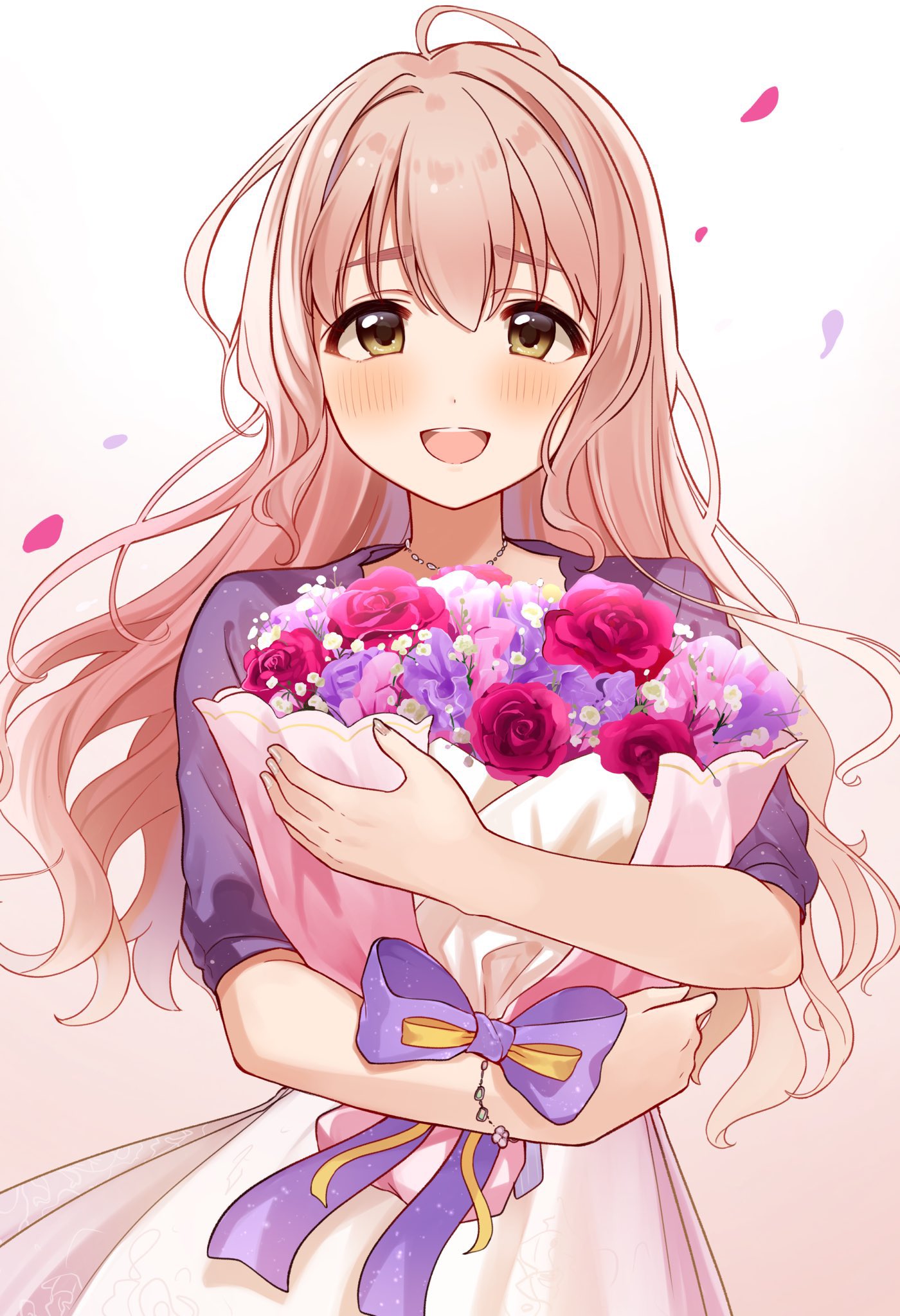 1girl ahoge birthday blush bouquet bow brown_eyes commentary_request cowboy_shot dot_nose dress falling_petals fingernails flower hair_between_eyes highres holding holding_bouquet idolmaster idolmaster_cinderella_girls jacket jewelry long_hair looking_at_viewer medium_bangs mmmakaron888 necklace open_clothes open_jacket open_mouth petals pink_flower pink_hair pink_rose purple_bow purple_flower purple_jacket ribbon rose saionji_kotoka short_sleeved_jacket short_sleeves sidelocks simple_background smile standing straight-on teeth tongue upper_teeth_only wavy_hair white_background white_dress white_flower yellow_ribbon