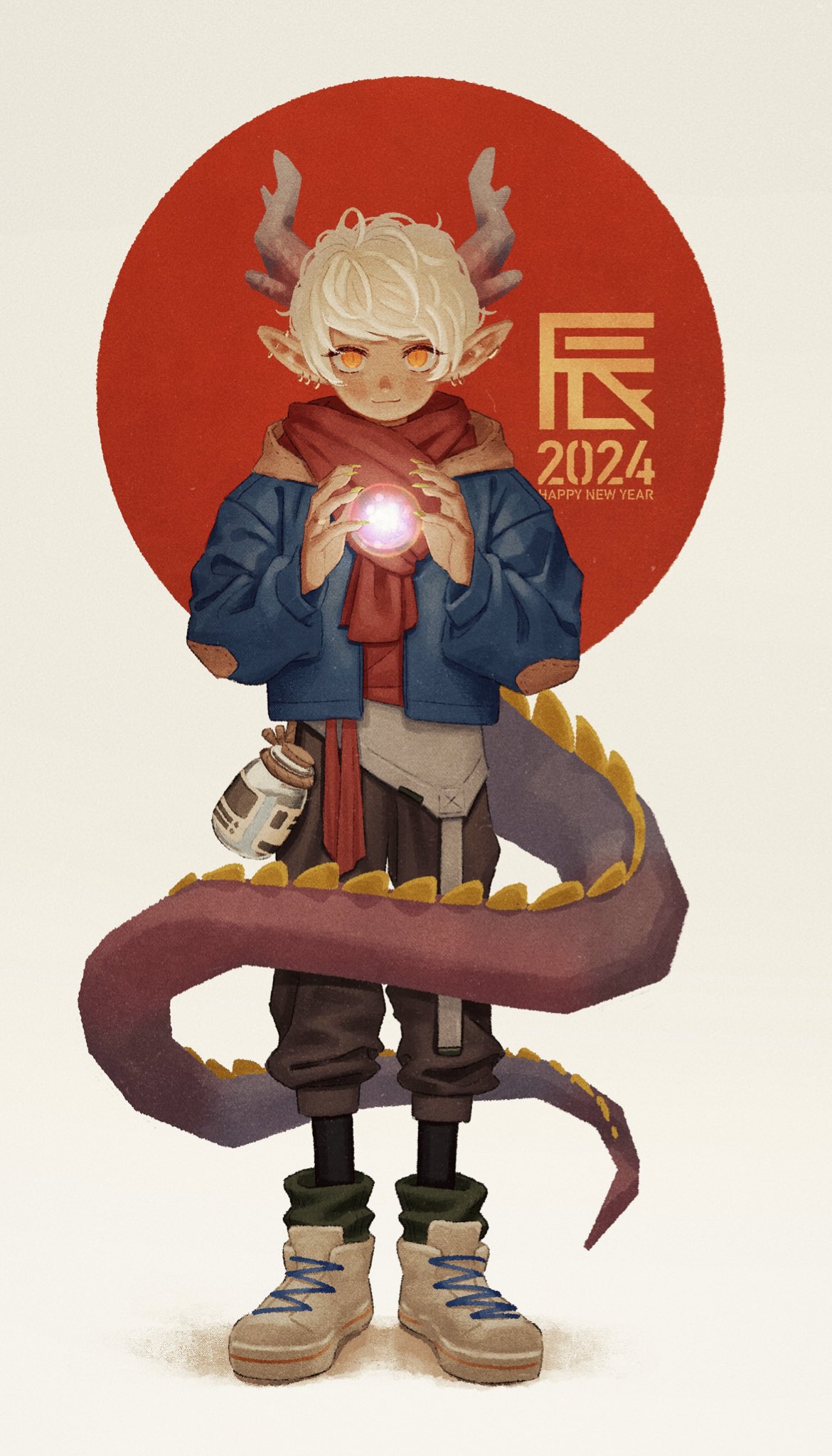 1other 2024 androgynous blue_rope blush commentary_request dragon_horns dragon_tail full_body glowing happy_new_year highres horns kunitarou-art magic orange_scarf orb original red_scarf rope scarf tail white_background white_footwear white_hair