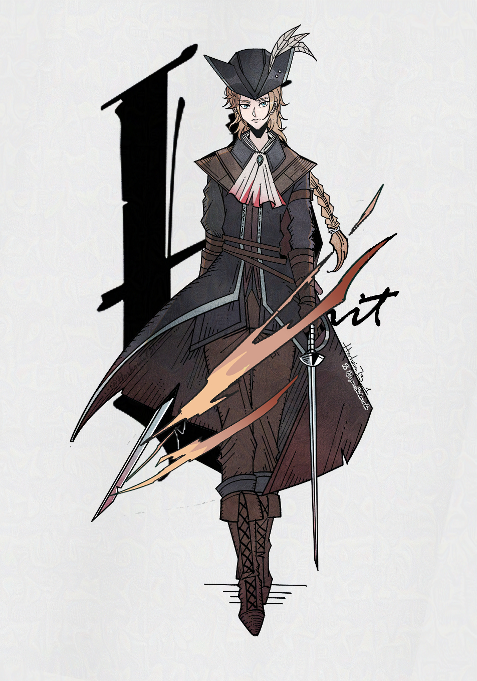 1girl ascot blonde_hair blood bloodborne blue_eyes boots braid braided_ponytail brown_footwear brown_pants commentary cosplay denny626 full_body h'aanit_(octopath_traveler) hat highres lady_maria_of_the_astral_clocktower lady_maria_of_the_astral_clocktower_(cosplay) long_hair octopath_traveler pants simple_background solo tricorne walking white_ascot white_background