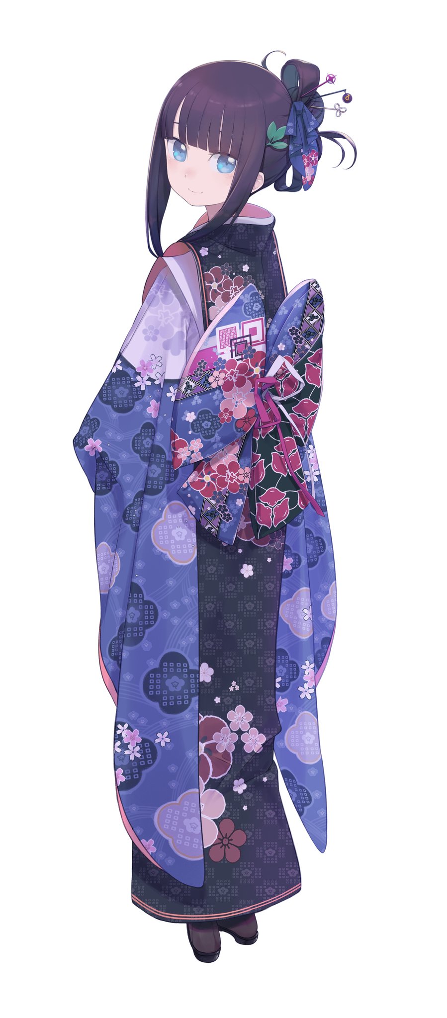 1girl black_hair blue_eyes blue_kimono blunt_bangs daisi_gi fate/grand_order fate_(series) floral_print furisode hair_ornament hair_stick highres japanese_clothes kanzashi kimono looking_at_viewer looking_back print_kimono print_obi sash sidelocks simple_background solo white_background yang_guifei_(fate)