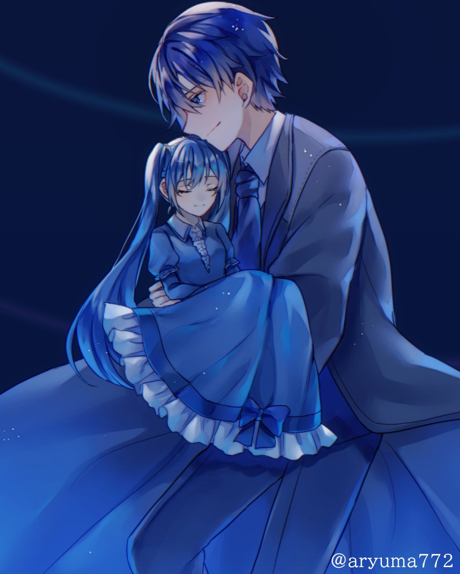 1boy 1girl akutoku_no_judgement_(vocaloid) aryuma772 ascot black_robe blue_ascot blue_dress blue_eyes blue_hair blue_theme carrying clockworker's_doll closed_eyes closed_mouth collared_dress dress evillious_nendaiki father_and_daughter frilled_dress frills from_side gallerian_marlon hakoniwa_no_shoujo_(vocaloid) hatsune_miku houtei_no_nushi judge kaito_(vocaloid) long_sleeves mini_person minigirl princess_carry profile robe sleeping smile twitter_username vessel_of_sin vocaloid
