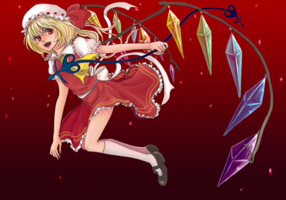 1girl ascot back_bow black_footwear blonde_hair bow breasts collared_shirt crystal flandre_scarlet frilled_shirt_collar frilled_skirt frills from_side full_body gomiroku gradient_background hair_bow hat holding holding_polearm holding_weapon kneehighs laevatein_(touhou) large_bow mary_janes mob_cap multicolored_wings open_mouth polearm puffy_short_sleeves puffy_sleeves red_background red_bow red_eyes red_ribbon red_skirt red_vest ribbon ribbon-trimmed_headwear ribbon_trim shirt shoes short_sleeves simple_background skirt small_breasts socks solo teeth touhou upper_teeth_only vest weapon white_bow white_headwear white_shirt white_socks wings yellow_ascot
