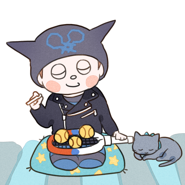 1boy animal_ear_headwear animal_ears ball beanie black_headwear black_jacket black_jumpsuit black_sleeves blue_bow blue_jumpsuit blush_stickers bow brown_hair buttons carpet cat cat_ears cigarette closed_eyes closed_mouth collared_jacket commentary_request cushion danganronpa_(series) danganronpa_v3:_killing_harmony fake_animal_ears full_body hat holding holding_cigarette holding_tennis_racket hoshi_ryoma jacket jumpsuit kogarashi_8 leather leather_jacket long_sleeves male_focus partial_commentary pocket prison_clothes racket seiza short_hair simple_background sitting smile solo star_(symbol) star_print striped_jumpsuit tennis_ball tennis_racket two-tone_jumpsuit very_short_hair white_background zabuton zipper zipper_pull_tab