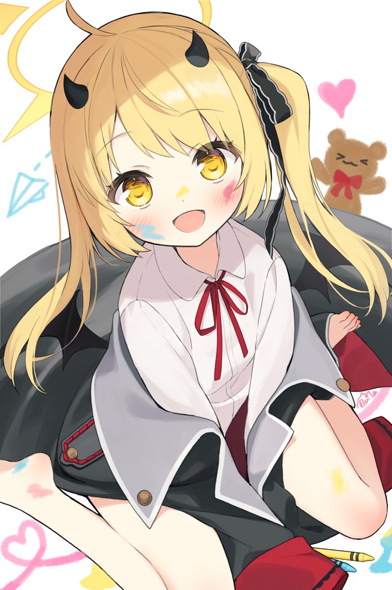 1girl black_coat black_horns blonde_hair blue_archive blush byulzzi coat collared_shirt crayon demon_horns demon_wings halo heart heart_of_string highres horns ibuki_(blue_archive) long_hair long_sleeves looking_at_viewer open_mouth red_ribbon ribbon shirt side_ponytail sleeves_past_fingers sleeves_past_wrists smile solo white_shirt wings yellow_eyes yellow_halo