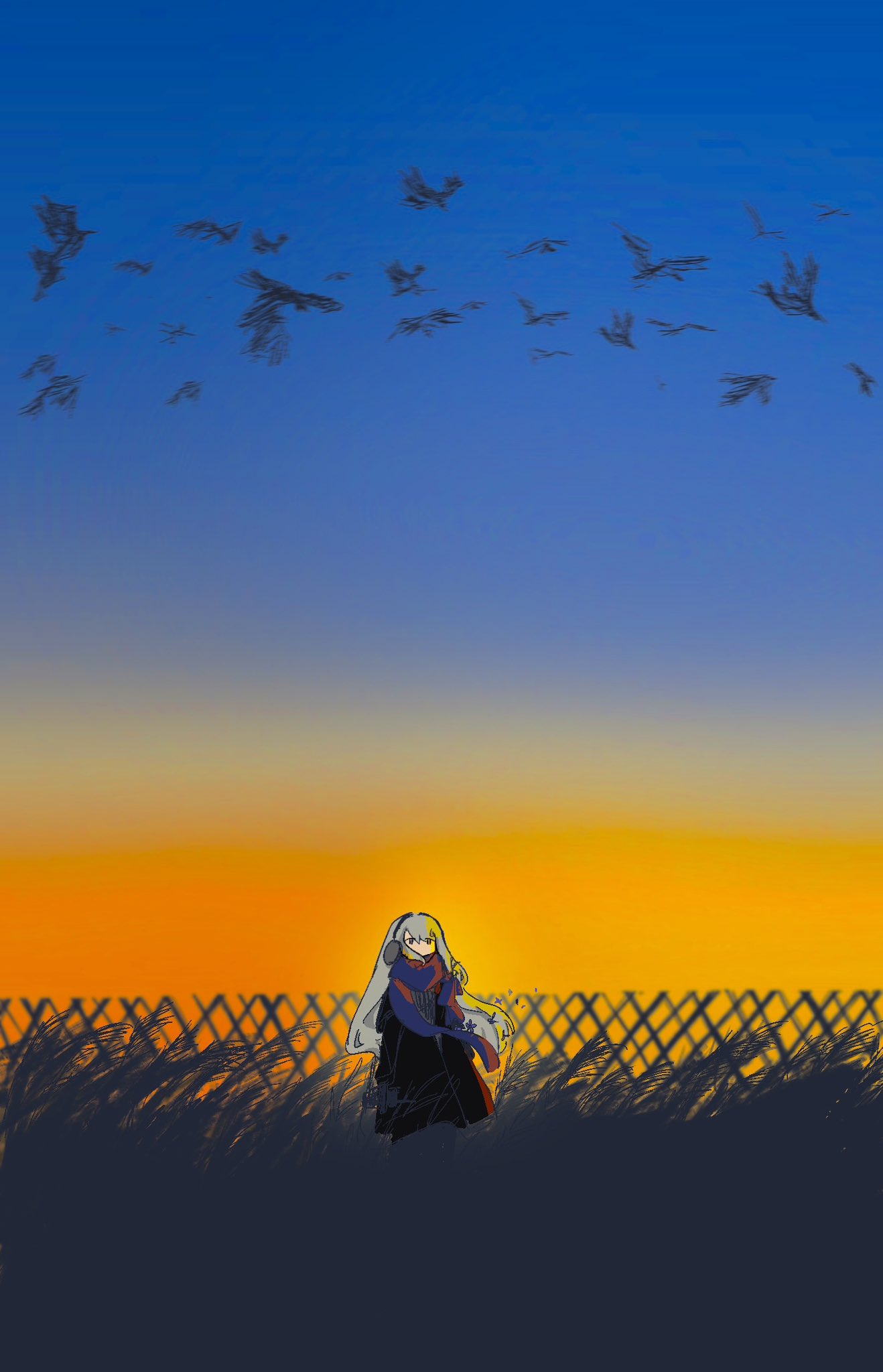 1girl bird bkornblume black_coat blue_scarf chinese_commentary coat commentary_request fence grass grey_hair headphones highres long_hair outdoors reverse:1999 same_(uminiiru1000s) scarf solo sunset tall_grass wide_shot