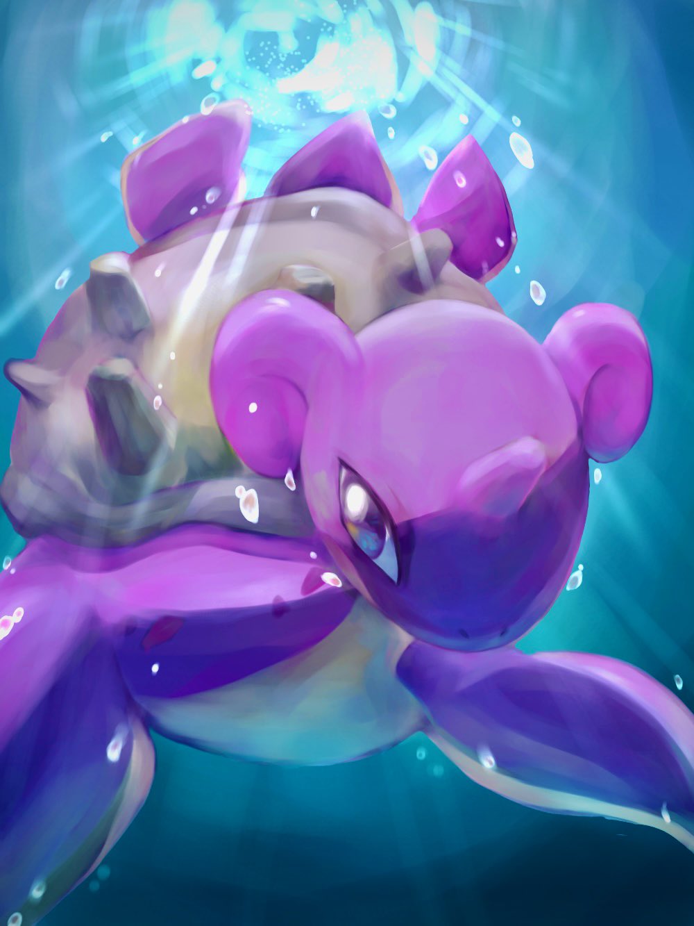 alternate_color animal_focus blue_background bubble butter_(oshi8kyoumoh) commentary day from_below highres lapras light_rays no_humans outdoors pokemon pokemon_(creature) shiny_pokemon solo swimming underwater violet_eyes