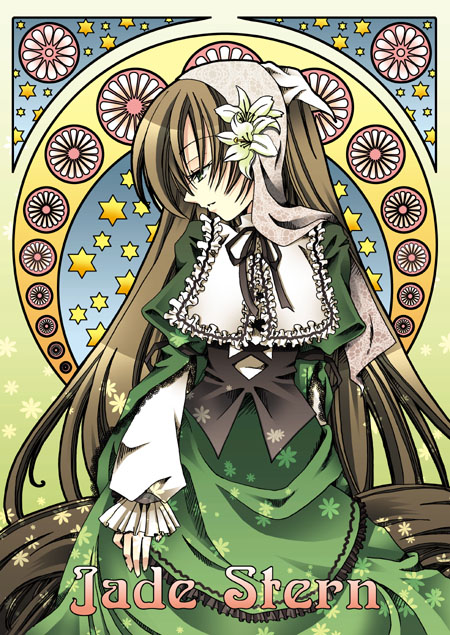 1girl art_nouveau black_corset black_ribbon brown_hair character_name collared_dress commentary_request corset dress feet_out_of_frame flower frilled_dress frilled_shirt_collar frills green_background green_dress green_eyes hair_flower hair_ornament head_scarf lolita_fashion long_dress long_hair long_sleeves looking_down looking_to_the_side morinaga_hinase neck_ribbon ribbon rozen_maiden solo standing star_(symbol) suiseiseki very_long_hair white_flower white_headwear