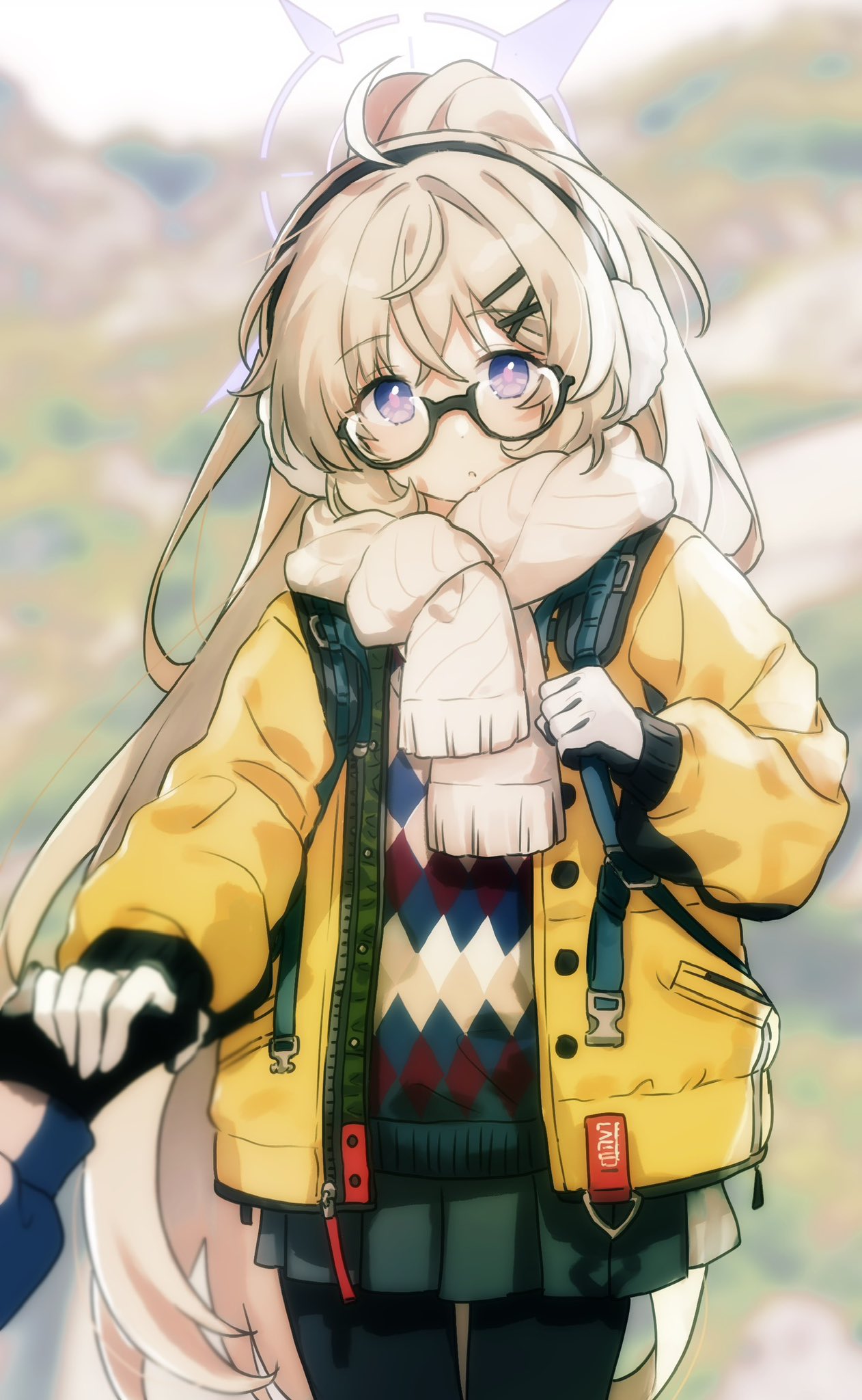 1girl 1other black-framed_eyewear black_pantyhose blonde_hair blue_archive blush earmuffs glasses gloves green_skirt halo highres jacket kotama_(blue_archive) kotama_(camp)_(blue_archive) long_hair long_sleeves looking_at_viewer migolu open_clothes open_jacket pantyhose parted_lips pleated_skirt ponytail purple_halo scarf skirt solo_focus violet_eyes white_gloves white_scarf yellow_jacket