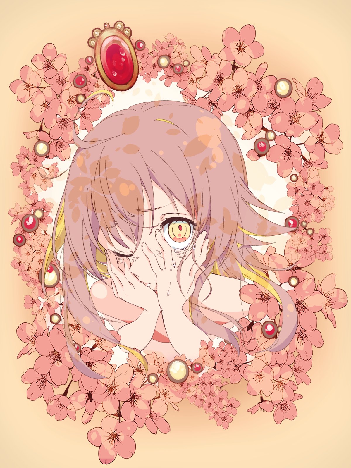 1girl ahoge anime_coloring bare_shoulders brooch commentary_request crying crying_with_eyes_open flower grey_hair hands_on_own_cheeks hands_on_own_face highres jewelry long_hair looking_at_viewer nomura_kitan one_eye_closed original pink_flower plum_blossoms solo tears upper_body yellow_eyes