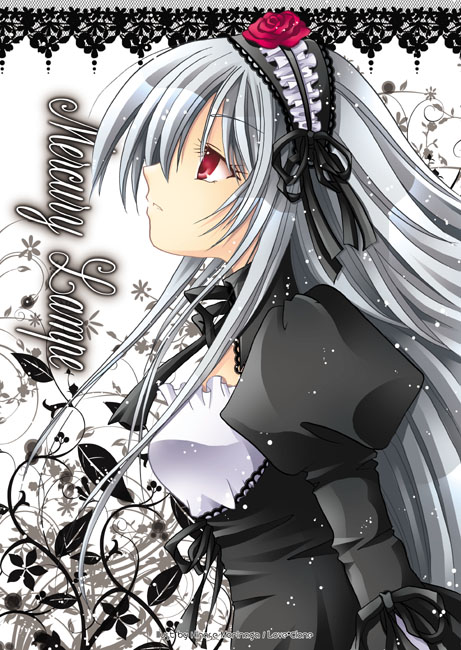 1girl black_dress black_hairband black_ribbon breasts commentary_request dress expressionless floral_background flower frilled_hairband frills gothic_lolita grey_hair hair_ribbon hairband juliet_sleeves lace_background lolita_fashion lolita_hairband long_bangs long_hair long_sleeves looking_afar medium_breasts morinaga_hinase parted_lips profile puffy_sleeves red_eyes red_flower red_rose ribbon rose rozen_maiden solo suigintou upper_body white_background