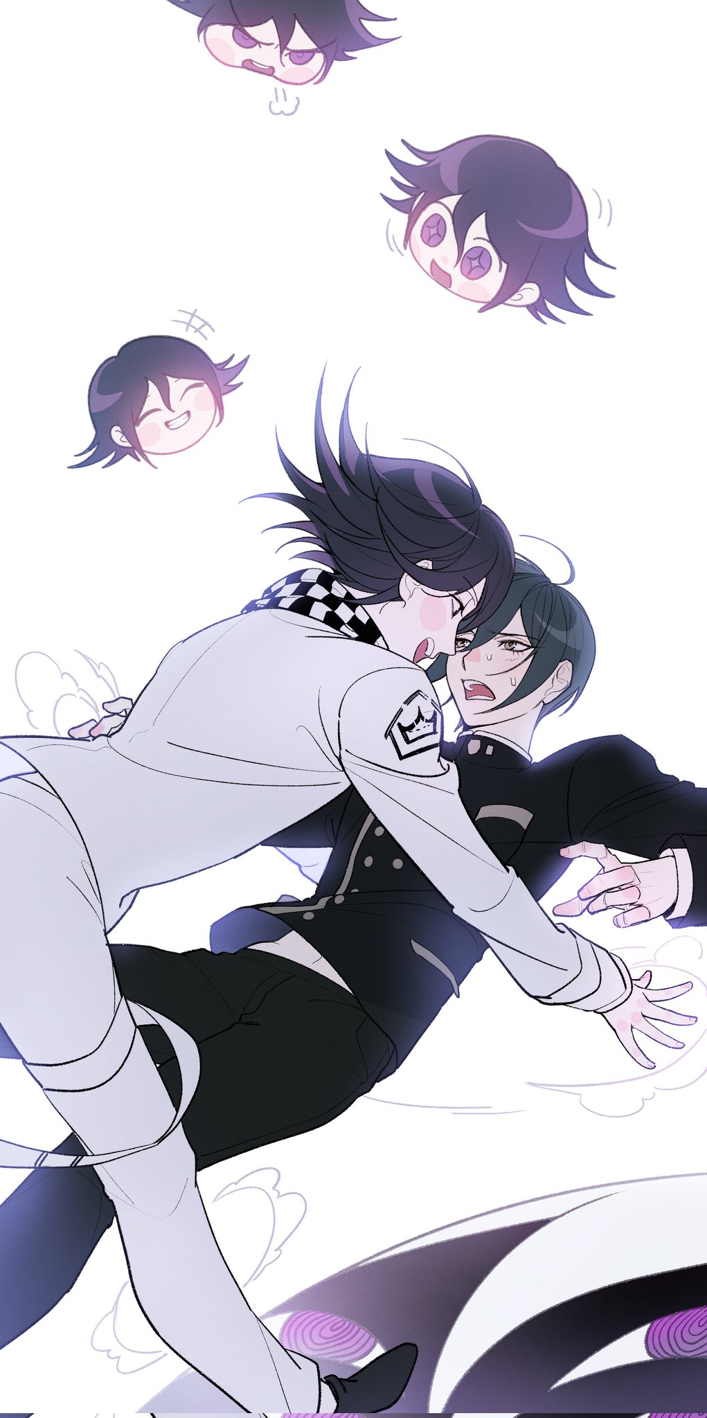 2boys :d ahoge black_footwear black_hair black_jacket black_pants blush brown_eyes buttons checkered_clothes checkered_scarf danganronpa_(series) danganronpa_v3:_killing_harmony dolong-i double-breasted eye_contact grey_jacket highres jacket long_sleeves looking_at_another male_focus medium_hair multiple_boys multiple_views oma_kokichi pants pout saihara_shuichi scarf smile sweat teeth upper_teeth_only violet_eyes white_background