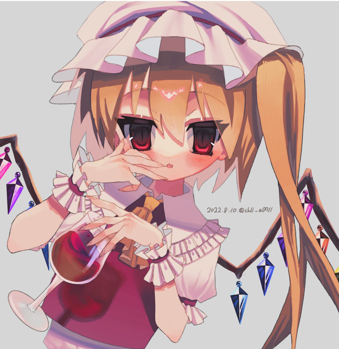 1girl alcohol ascot blonde_hair crystal crystal_wings flandre_scarlet frills glass hand_up hat highres medium_hair mob_cap open_mouth puffy_short_sleeves puffy_sleeves red_eyes short_sleeves side_ponytail simple_background solo touhou user_kxjg4288 wine yellow_ascot