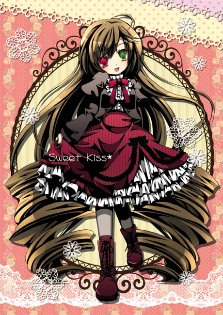 1girl alternate_costume black_shirt boots bow bowtie brown_hair commentary_request cross-laced_footwear drill_hair floral_print frilled_shirt_collar frills full_body green_eyes heterochromia juliet_sleeves lace-up_boots long_hair long_sleeves looking_at_viewer medium_bangs morinaga_hinase open_mouth orange_background petticoat puffy_sleeves red_bow red_bowtie red_eyes red_footwear red_skirt rozen_maiden shirt skirt smile solo standing standing_on_one_leg suiseiseki twin_drills very_long_hair