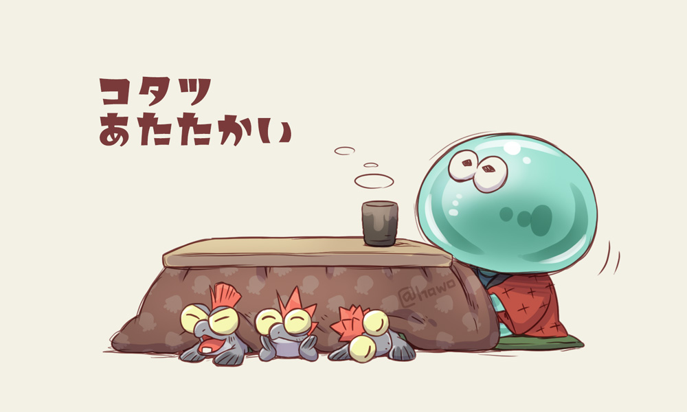 ^_^ artist_name closed_eyes closed_mouth commentary_request cup cushion japanese_clothes jellyfish_(splatoon) kimono kotatsu lying mohawk no_humans on_stomach open_mouth red_kimono redhead salmonid simple_background sitting sleeping smallfry_(splatoon) smile splatoon_(series) splatoon_hawo steam table teeth translation_request under_kotatsu under_table white_background yunomi zabuton
