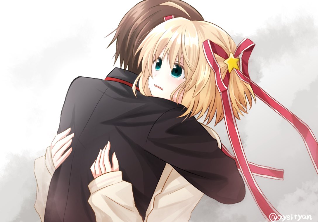 1boy 1girl ahoge aqua_eyes blonde_hair brown_hair commentary_request couple crying crying_with_eyes_open grey_background hair_ornament hair_ribbon hetero hug kamikita_komari light_blush little_busters! little_busters!_school_uniform long_ribbon looking_afar naoe_riki open_mouth red_ribbon ribbon sai_(aysityan) school_uniform short_hair simple_background sleeves_past_wrists star_(symbol) star_hair_ornament sweater tears twitter_username two_side_up upper_body yellow_sweater