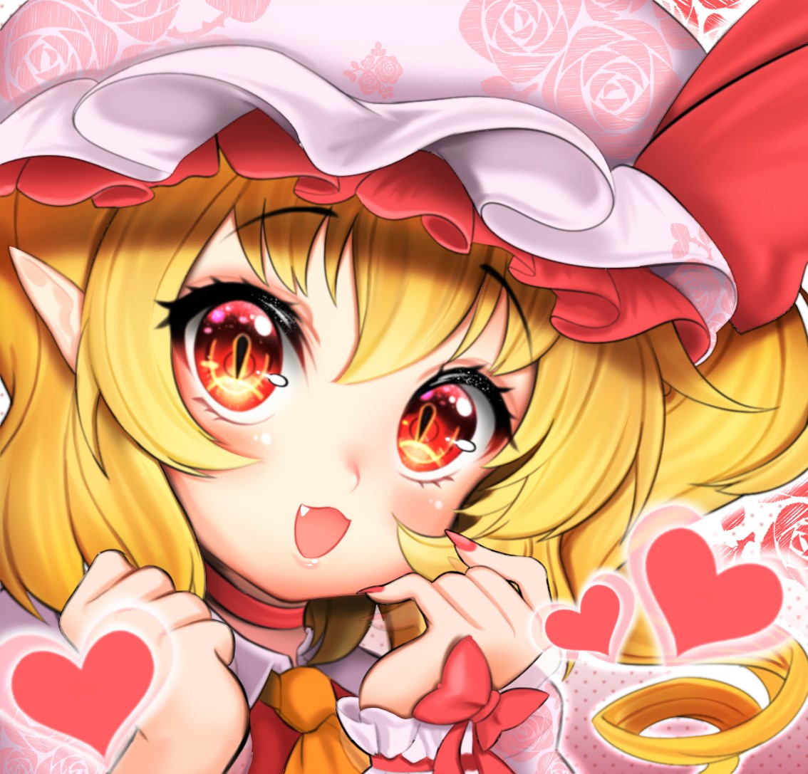 1girl alice_vu ascot blonde_hair bow close-up fang fingernails flandre_scarlet floral_print floral_print_headwear hair_between_eyes happy heart looking_at_viewer nail_polish one_side_up open_mouth pointy_ears print_shirt puffy_short_sleeves puffy_sleeves red_bow red_eyes red_nails red_vest rose_print sharp_fingernails shirt short_sleeves solo touhou vest white_headwear wrist_cuffs yellow_ascot