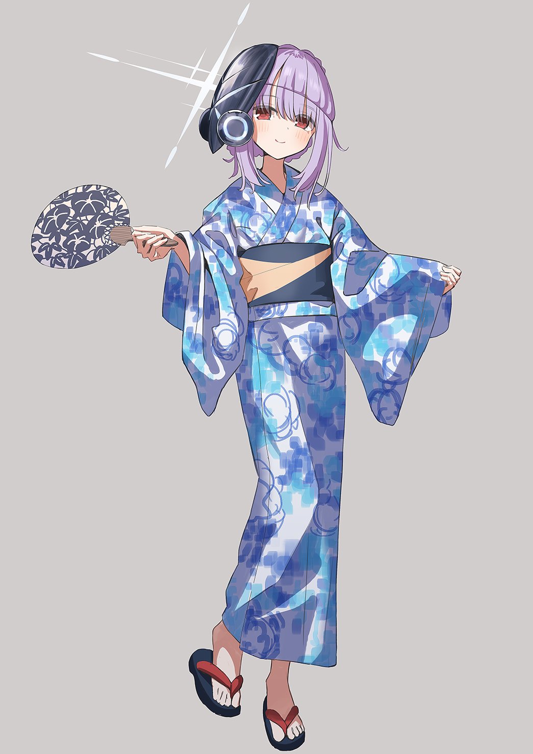 1girl atsuko_(blue_archive) blue_archive blue_kimono blush closed_mouth grey_background halo hand_fan highres holding holding_fan japanese_clothes kimono long_hair long_sleeves mask mask_on_head miyoshi_nao_(miyoshist) obi paper_fan purple_hair red_eyes sandals sash simple_background smile solo toes uchiwa wide_sleeves zouri