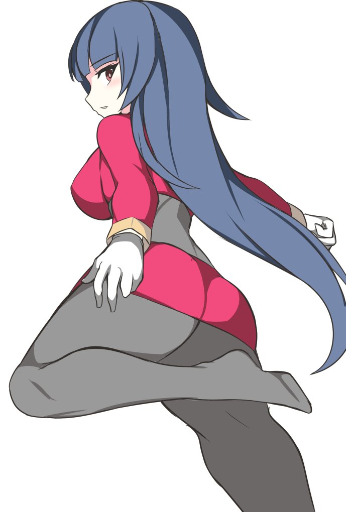 1girl ass blue_hair brown_eyes closed_mouth feet full_body gloves long_hair looking_at_viewer nintendo non-web_source pink_shirt pokemon sabrina_(pokemon) shirt simple_background socks source_request white_background