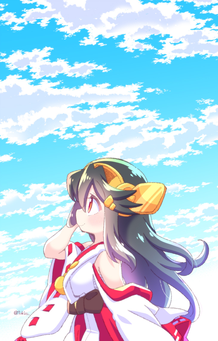 1girl black_hair blush breasts clouds day detached_sleeves from_side hair_between_eyes haruna_(kancolle) headgear japanese_clothes kantai_collection long_hair looking_at_viewer nontraditional_miko outdoors profile red_eyes ribbon-trimmed_sleeves ribbon_trim sky smile solo tsukko_(3ki2ne10) very_long_hair wide_sleeves
