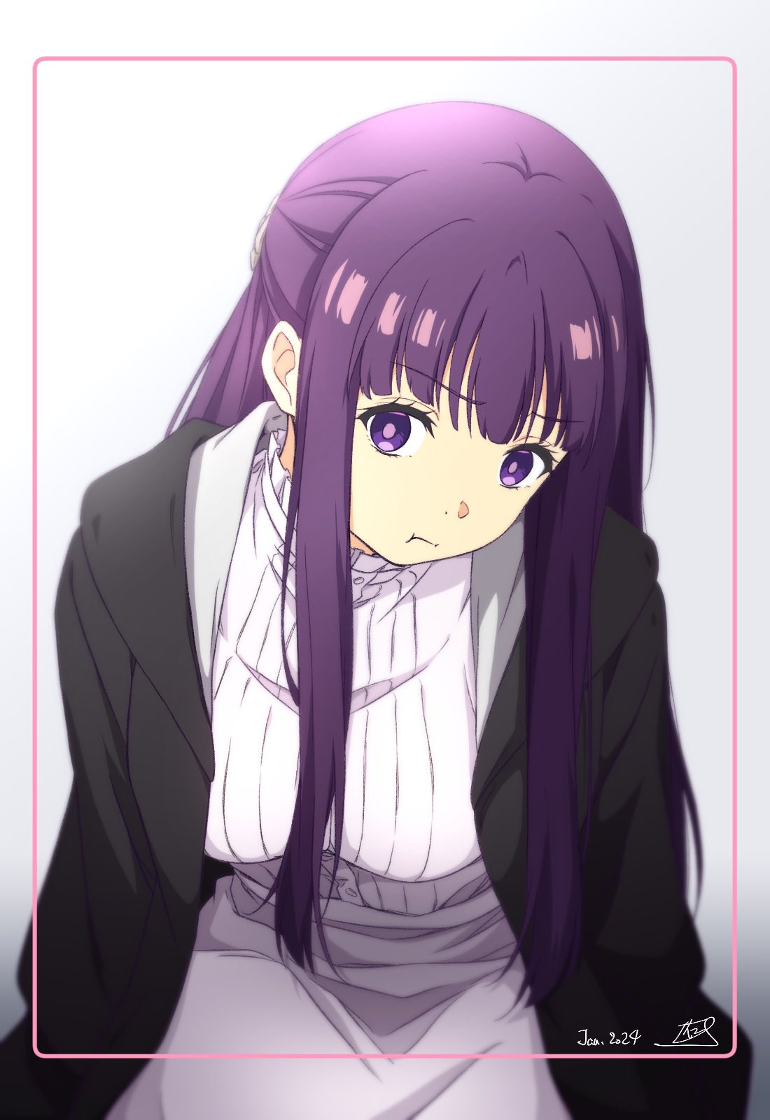 1girl black_jacket blunt_bangs breasts buttons dated frieren frilled_shirt_collar frills from_above gradient_background hair_ornament head_tilt highres jacket large_breasts long_hair long_skirt long_sleeves nii_manabu open_clothes open_jacket pout purple_hair ribbed_shirt shirt sitting skirt solo sousou_no_frieren violet_eyes white_background white_shirt white_skirt