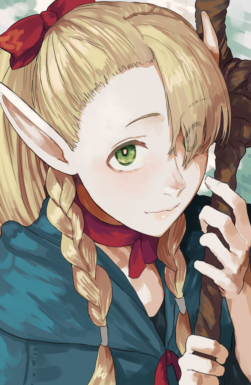 1girl blonde_hair blue_capelet braid capelet choker closed_mouth commentary dungeon_meshi elf eyes_visible_through_hair green_eyes hair_over_one_eye hair_over_shoulder hair_ribbon highres holding holding_staff long_hair long_pointy_ears looking_at_viewer low_twin_braids mage_staff marcille_donato pointy_ears ponytail portrait red_choker red_ribbon ribbon sawarakajin smile solo staff twin_braids wavy_mouth