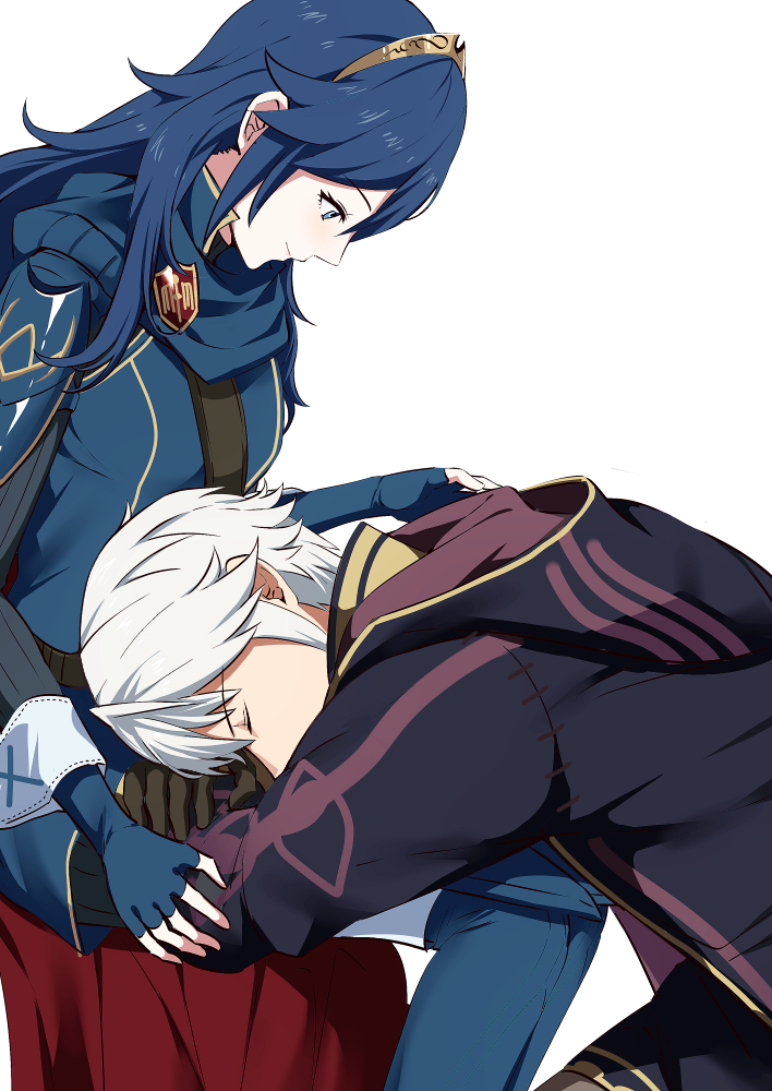 ameno_(a_meno0) armor black_robe black_sweater blue_cape blue_eyes blue_gloves blue_hair brown_gloves cape closed_eyes closed_mouth commentary fingerless_gloves fire_emblem fire_emblem_awakening gloves hetero hood hood_down hooded_robe long_hair long_sleeves looking_at_another lucina_(fire_emblem) on_lap pauldrons profile red_cape ribbed_sweater robe robin_(fire_emblem) robin_(male)_(fire_emblem) short_hair shoulder_armor sitting smile sweater tiara two-tone_cape white_hair