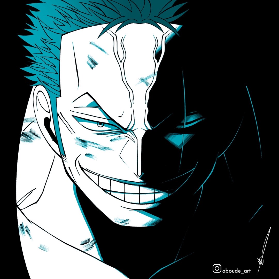 1boy aboude_art artist_name clenched_teeth collarbone commentary instagram_logo instagram_username limited_palette looking_at_viewer male_focus one_eye_closed one_piece roronoa_zoro scar scar_across_eye scar_on_face short_hair signature smile solo teeth