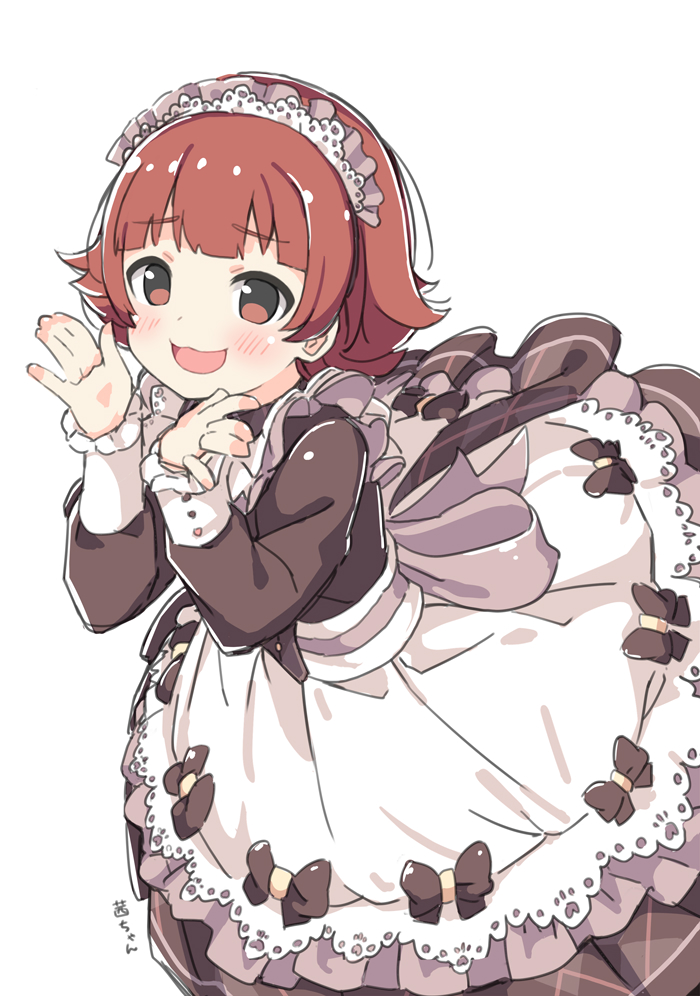 1girl :3 blush bow breasts brown_eyes brown_hair character_name dot_nose dress dress_bow grey_bow grey_dress hands_up idolmaster idolmaster_million_live! idolmaster_million_live!_theater_days kuresuku_(lessons) lace-trimmed_dress lace_trim long_sleeves looking_at_viewer medium_breasts nonohara_akane open_hands open_mouth plaid plaid_dress short_hair simple_background smile solo white_background white_headdress