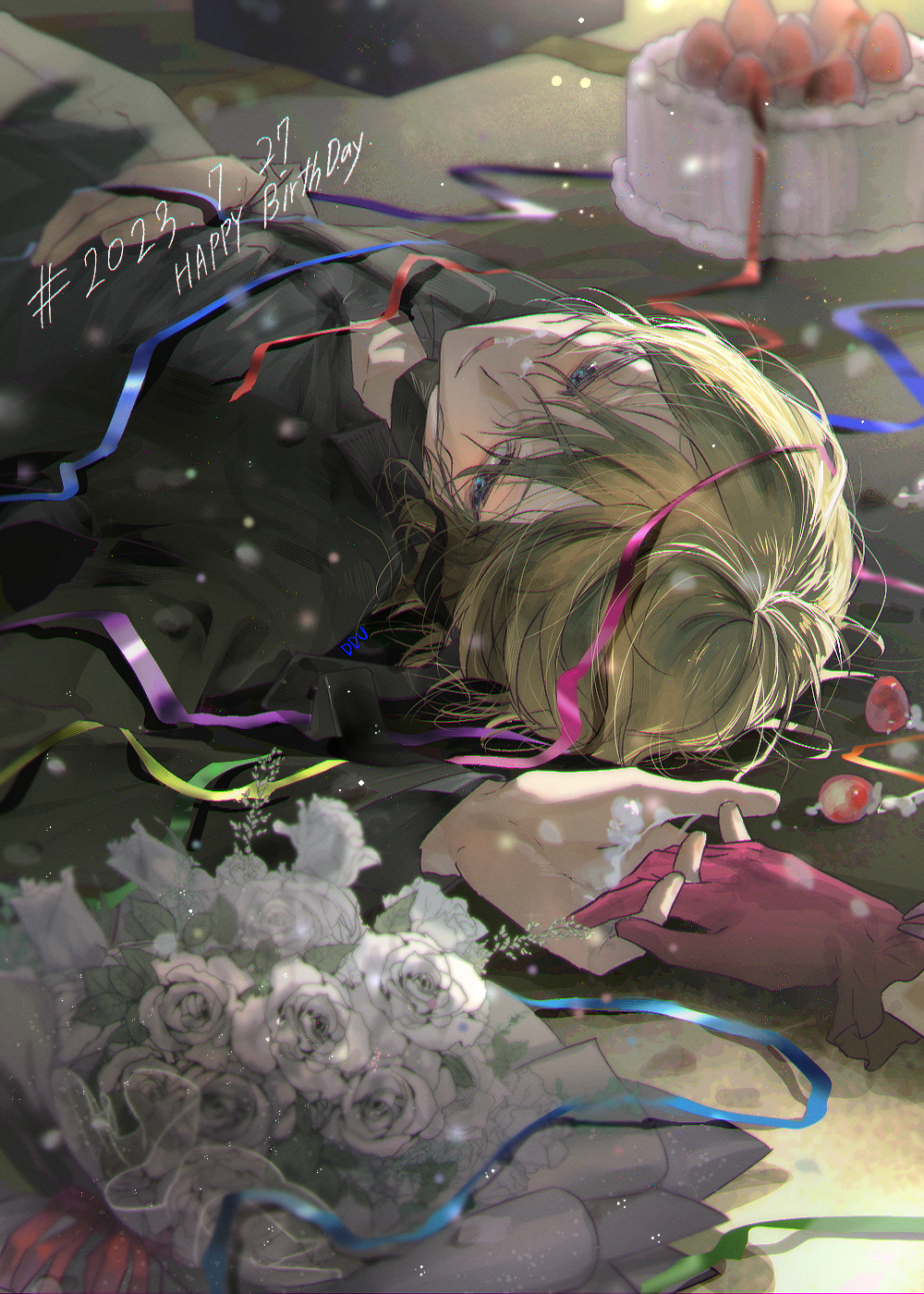 1boy birthday_cake black_jacket blonde_hair blue_eyes bouquet cake commentary_request confetti film_grain flower food frilled_gloves frills gloves hand_on_own_stomach highres holding_hands hoshino_ai_(oshi_no_ko) jacket kamiki_hikaru korean_commentary light_particles lying male_focus on_back open_clothes open_jacket oshi_no_ko parted_lips pink_gloves rose short_hair solo_focus star-shaped_pupils star_(symbol) symbol-shaped_pupils white_flower white_rose yubto_45
