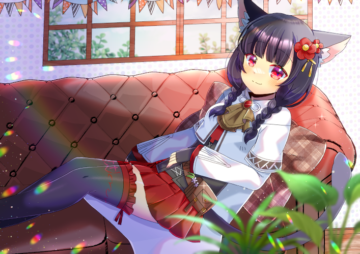 1girl animal_ear_fluff animal_ears black_gloves black_hair black_thighhighs blurry blurry_foreground braid cat_ears cat_girl cat_tail closed_mouth commentary_request commission couch depth_of_field feet_out_of_frame final_fantasy final_fantasy_xiv fingerless_gloves flower frilled_thighhighs frills gloves hair_flower hair_ornament hair_over_shoulder indoors jacket kou_hiyoyo long_hair long_sleeves looking_at_viewer low_twintails miqo'te on_couch pennant pillow plaid plaid_pillow pleated_skirt red_eyes red_flower red_skirt skeb_commission skirt smile solo string_of_flags tail thigh-highs twin_braids twintails white_jacket window