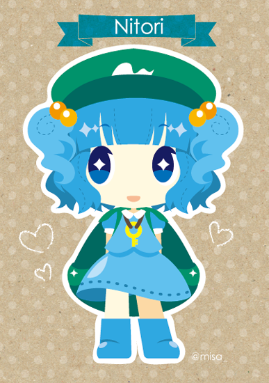 1girl arms_behind_back backpack bag blue_eyes blue_footwear blue_hair blue_shirt blue_skirt boots brown_background character_name chibi chibi_only diamond-shaped_pupils diamond_(shape) green_bag green_headwear hair_bobbles hair_ornament hat heart kawashiro_nitori misaki_(1n1m) no_nose outline rubber_boots shirt short_hair skirt solo standing symbol-shaped_pupils touhou twintails white_outline