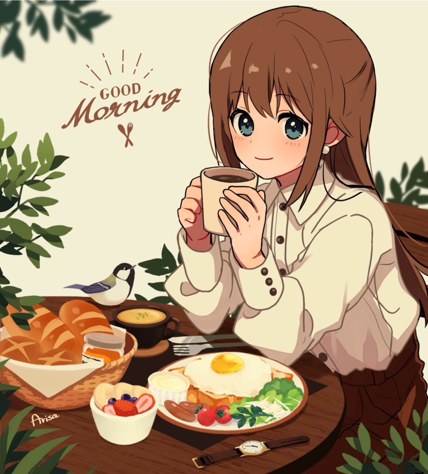 1girl animal aqua_eyes arisa_(aren) artist_name bird black_eyes blush bread brown_hair buttoned_cuffs buttons cherry_tomato closed_mouth coffee collared_shirt commentary cup dress_shirt drink earrings food fork fried_egg fruit good_morning grey_background hands_up highres holding holding_cup holding_drink jar jewelry knife leaning_forward long_hair long_sleeves looking_at_viewer mug notice_lines original plant plate sausage shirt signature sitting smile solo spoon strawberry tomato upper_body vegetable watch watch white_shirt