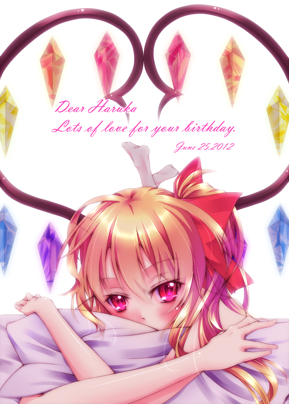 1girl bare_shoulders blonde_hair blush bow covered_mouth crossed_arms crystal dated english_text flandre_scarlet hair_between_eyes hair_bow happy_birthday head_tilt heart heart_wings highres hugging_object kawasaki_toiro looking_at_viewer lying multicolored_wings on_stomach one_side_up pillow pillow_hug red_bow red_eyes simple_background solo touhou white_background wings