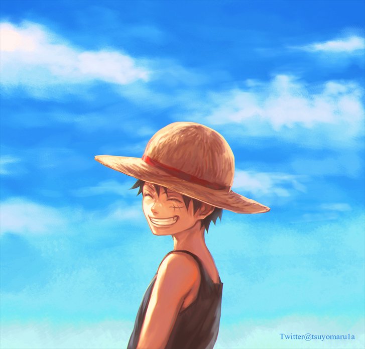 1boy aged_down artist_name bare_shoulders black_hair child clenched_teeth clouds cloudy_sky commentary_request hat male_focus monkey_d._luffy one_piece outdoors scar scar_on_cheek scar_on_face short_hair sky smile solo straw_hat teeth tsuyomaru twitter_username