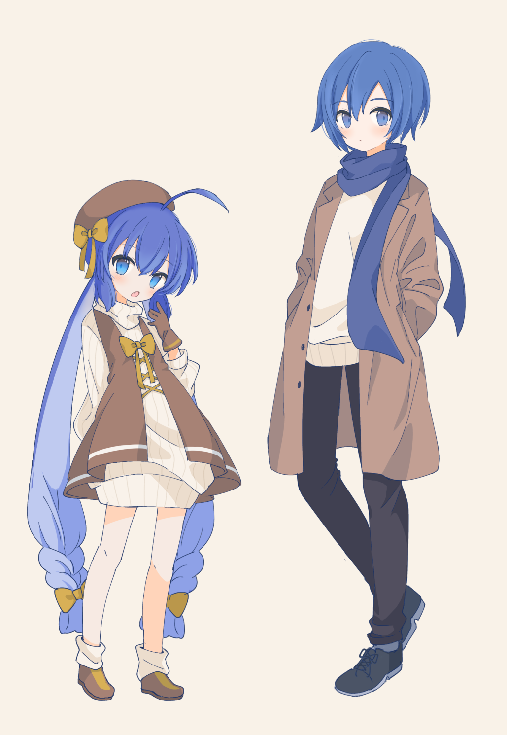 1boy 1girl 7takada :o ahoge arm_behind_back beret black_pants blue_eyes blue_hair blue_scarf blush bow braid brown_coat brown_gloves brown_vest coat cross-laced_footwear dress full_body gloves hair_bow hand_up hands_in_pockets hat height_difference highres kaito_(vocaloid) long_hair long_sleeves looking_at_viewer low-braided_long_hair otomachi_una pants scarf shoes short_hair sidelocks simple_background sneakers socks sweater sweater_dress turtleneck turtleneck_sweater twin_braids twintails very_long_hair vest vocaloid white_background white_socks white_sweater yellow_bow yellow_footwear