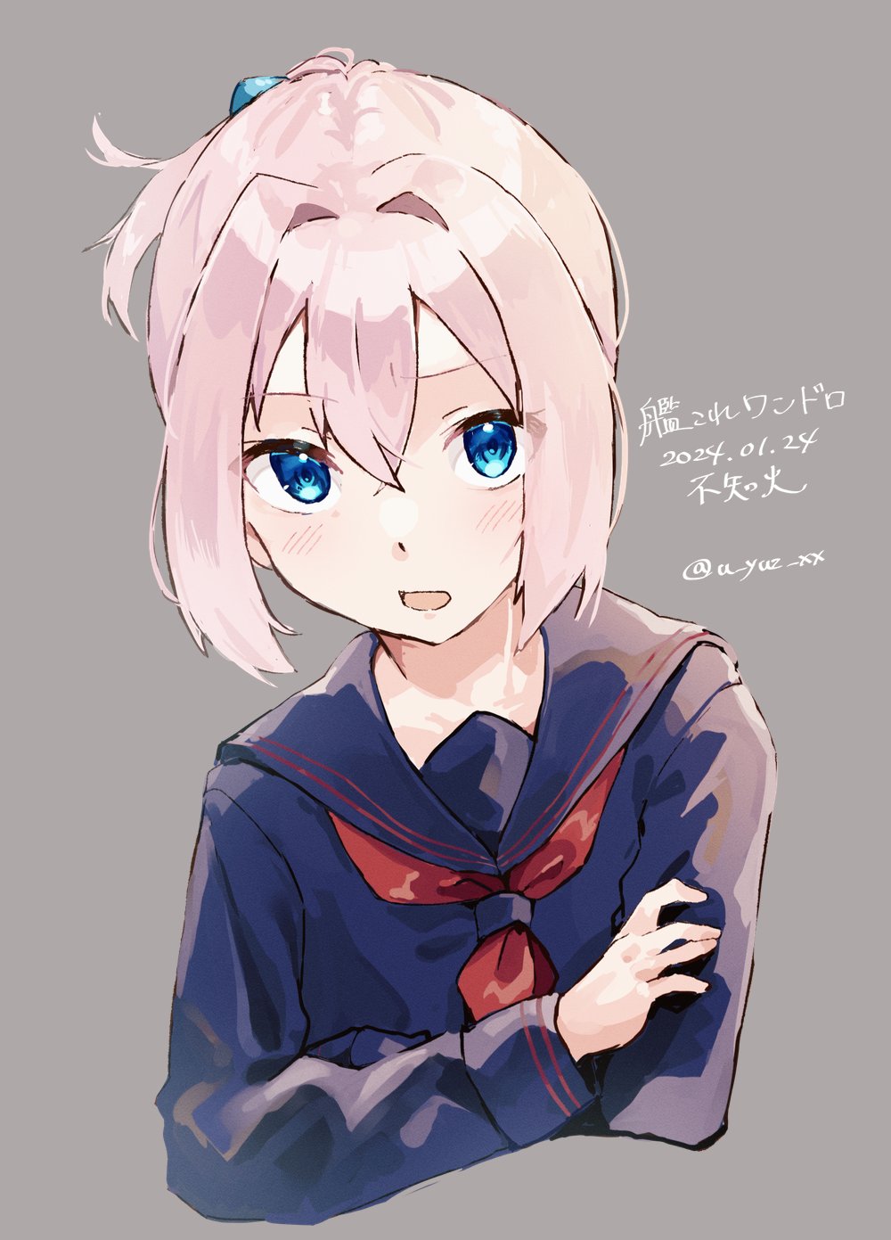 1girl blue_eyes blue_sailor_collar blue_serafuku blue_shirt character_name cropped_torso crossed_arms dated grey_background hair_intakes highres kantai_collection looking_at_viewer neckerchief one-hour_drawing_challenge pink_hair ponytail red_neckerchief sailor_collar school_uniform serafuku shiranui_(kancolle) shirt short_hair simple_background solo twitter_username u_yuz_xx upper_body winter_uniform